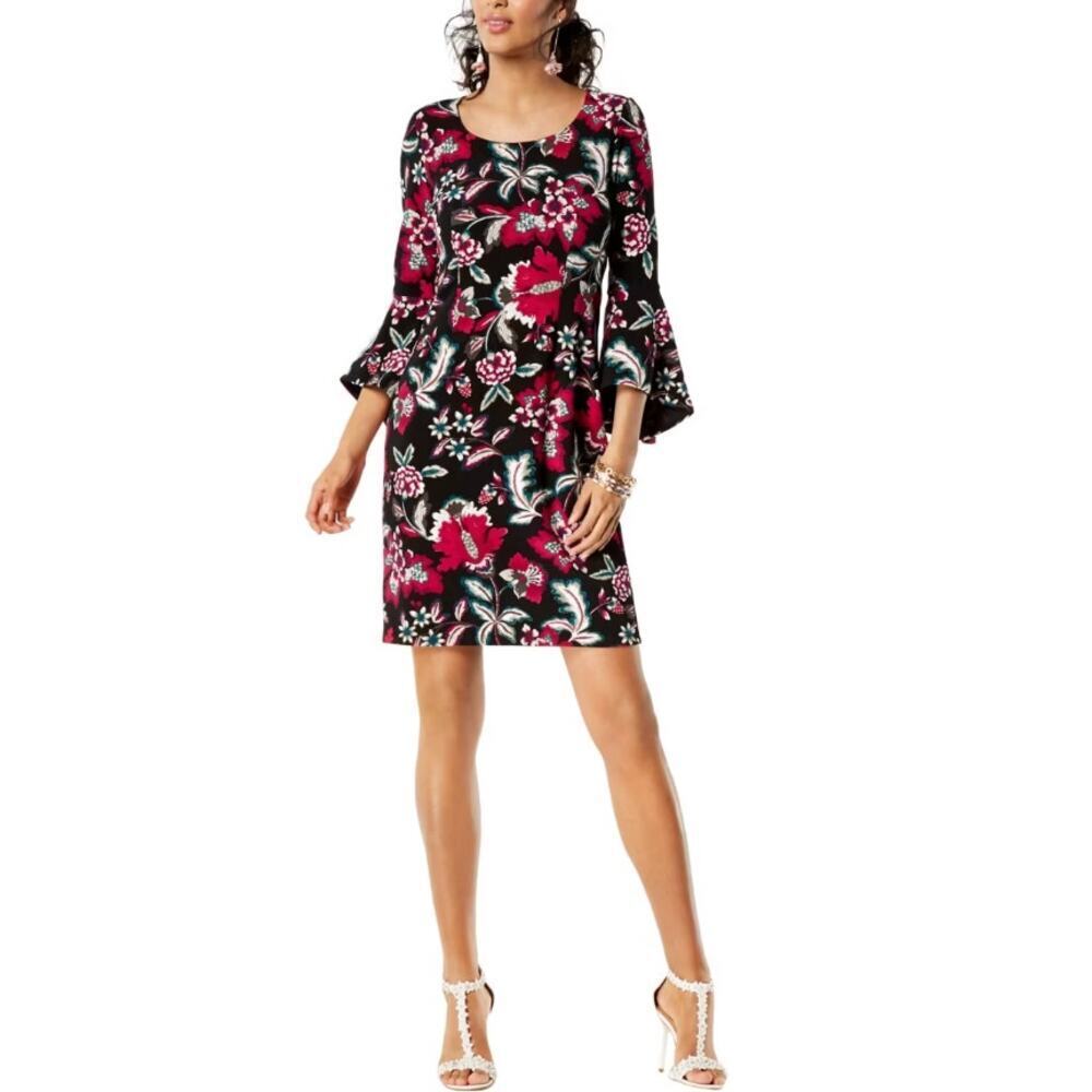 INC Women's Whimsical Boho Bell Sleeve Floral Shift Dress Size L Black NWT